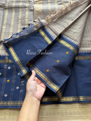 RF30 Grey with Navy Blue Vintage Style Border with checks pattern & handwoven Buttas on the border - RF30