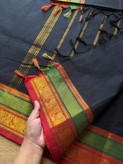 RF519 Black with red and green combination Kanchi cotton saree with unique border