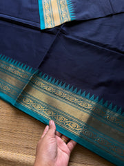 RF707 Navy blue with teal blue ~ Medium Size Border Kanchi Cotton Saree