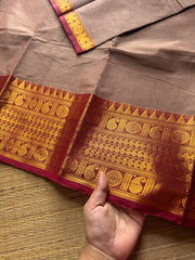 RF592 Dual tone biscuit shade with maroon combination Kanchi cotton saree with mango pattern border