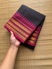 RF467 Black with contrast pink combination Kanchi cotton saree with vertical stripped pattern & mango Zari border