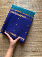 Peacock Blue shade kanchi cotton saree with Vintage Style Border kattam checks pattern & handwoven Buttas on the border