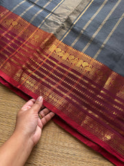 RF1058 Grey with maroon Varisaipet border Kanchi cotton saree