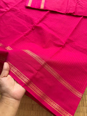 RF177 Monotone Pink Kanchi cotton saree with Korvai Vaira Oosi thread vertical lines pattern with vintage Rettapet Zari border