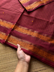 RF553 Maroon Kattam Edition: Kanchi Cotton Saree with Minimal Zari & handmade thread buttas
