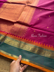Magenta Pink and green combination Kanchi cotton saree with rich Zari woven Pallu and handmade golden Zari Buttas