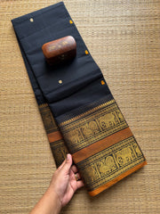 Black Retta Patta Kanchi Cotton Saree With Handmade Thread Buttas