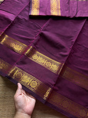 RF462 Wine shade monotone Kanchi cotton saree with Annam pattern gap / Rettapet border