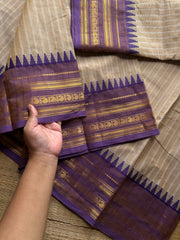 RF1351 Pastel Edition ~ Cream with light purple shade combination Kanchi cotton saree with stripped pattern