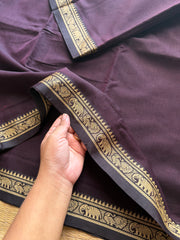 RF672 Brown ~ Mercerised Narayanpet cotton saree with small thread border
