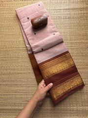 Cream Shade Kanchi Cotton Saree With Retta Patta Border and Handmade Thread Buttas