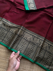 RF1213 Maroon with green ~ Mercerised Narayanpet soft cotton saree with elephant & Annam pattern border