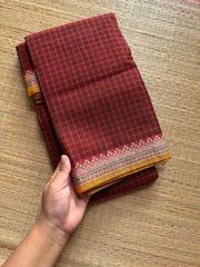 RF525 Maroon shade Mercerised Narayanpet cotton saree with contrast small border and checks / kattam pattern