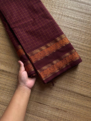 RF1252 Vintage Kattam ~ Deep Maroon shade Premium Kanchi Cotton Saree with Minimal Zari & checks pattern