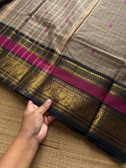 RF1221 Dual tone grey with black ~ Vintage Kattam Kanchi cotton saree with handmade thread buttas