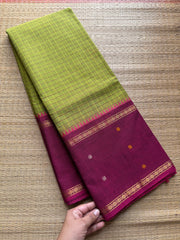 RF527 Green with magenta pink combination Vintage l Border Kanchi Cotton Saree With kattam / checks pattern & handwoven Buttas on the border