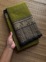 RF1212 Green with black ~ Mercerised Narayanpet soft cotton saree with elephant & Annam pattern border