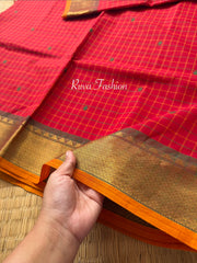 RF137 Chilli red Kanchi cotton saree featuring a classic checks (kattam) pattern, with elegant handmade thread buttas and contrast Zari border with small Thazhampoo pattern