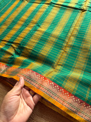 RF522 Green shade Mercerised Narayanpet cotton saree with contrast small border and checks / kattam pattern