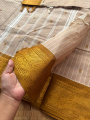 RF152 Cream with mustard yellow combination vintage Vanasingaram border Kanchi Cotton Saree with striped pattern & handmade thread buttas