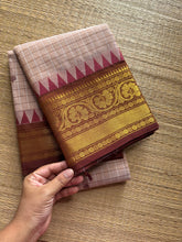 RF234 Beige With contrast light maroon combination Kanchi cotton saree with checks / Kattam pattern & handmade thread buttas