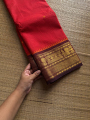 RF1423 Chilli red with brown ~ Vintage Podikattam / small checks Kanchi cotton saree with handmade thread buttas