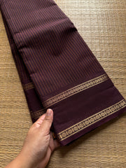 RF517 Monotone deep Coffee brown shade Kanchi cotton saree with Korvai Vaira Oosi thread vertical lines pattern with vintage Rettapet border