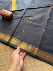 RF333 Monotone Black shade small border Kanchi cotton saree with handmade golden Zari Buttas