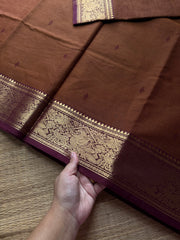 RF798 Honey With brown combination Kanchi cotton saree with Vanasingaram pattern border & handmade thread buttas