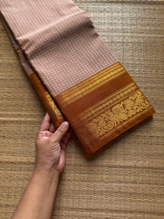 RF987 Beige shade ~ Premium Vintage Kattam / checks Kanchi cotton saree with silk saree inspired annam & floral pattern border