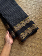 RF1251 Vintage Kattam ~ Jet Black shade Premium Kanchi Cotton Saree with Minimal Zari & checks pattern