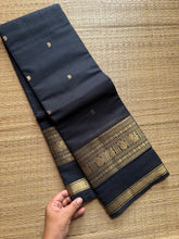 RF178 Monotone Black Kanchi Cotton saree with handmade golden Zari Buttas