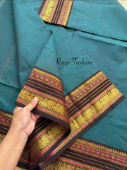 RF135 Dark teal Blue Shade With contrast brown combination vintage border Kanchi cotton saree