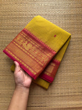 RF563 Mustard yellow with contrast pinkish peach combo podikattam / small checks pattern Kanchi cotton saree with handmade thread buttas
