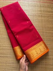 RF350 Reddish Pink shade silk saree inspired paithani border Kanchi Cotton Saree with contrast orange border and handmade Buttas
