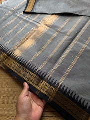 Grey with black combination small border Kanchi cotton saree