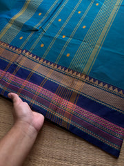 RF804 Peacock blue shade thread border Kanchi cotton saree with handmade thread buttas