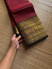 RF1167 Premium Vaira Oosi Pattern Kanchi cotton saree ~ Reddish maroon with black