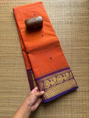 Dual Tone Orange Kanchi Cotton Saree With Handmade Thread Buttas