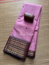 RF16 Dual Tone Pink With Contrast Dark Purple Zari Border Kanchi Cotton Saree With Handmade Thread Buttas - RF16