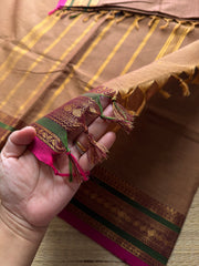 RF484 Honey & tan mixed shade Kanchi cotton saree with contrast multi color silk saree inspired border