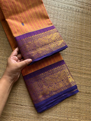RF359 Dual tone Mango shade with purple combination Kanchi cotton saree with Vanasingaram pattern border & handmade golden Zari Buttas