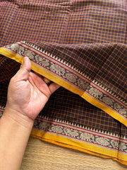 Brown shade Mercerised Narayanpet cotton saree with small border & Kattam / checks pattern saree
