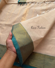 RF138 Cream with light sky blue shade / pastel shade Kanchi cotton saree
