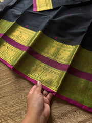 RF854 Black Kanchi cotton saree with Rettapet border and handmade thread buttas