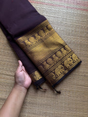 RF1229 Deep coffee brown Kanchi cotton saree with big / long border