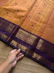 RF1027 Dual tone mango shade with contrast purple border Kanchi cotton saree with handmade thread buttas