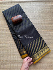 Black Vairaoosi Pattern Kanchi Cotton Saree With Small Contrast Mustard Shade Mango Pattern Zari Border - RF2