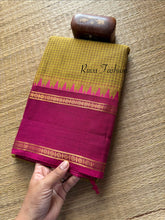 RF56 Dual tone mustard yellow shade with contrast magenta pink vintage border Podi Kattam Kanchi cotton saree