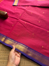 RF334 Magenta pink with violet combination small border Kanchi cotton saree with handmade golden Zari Buttas